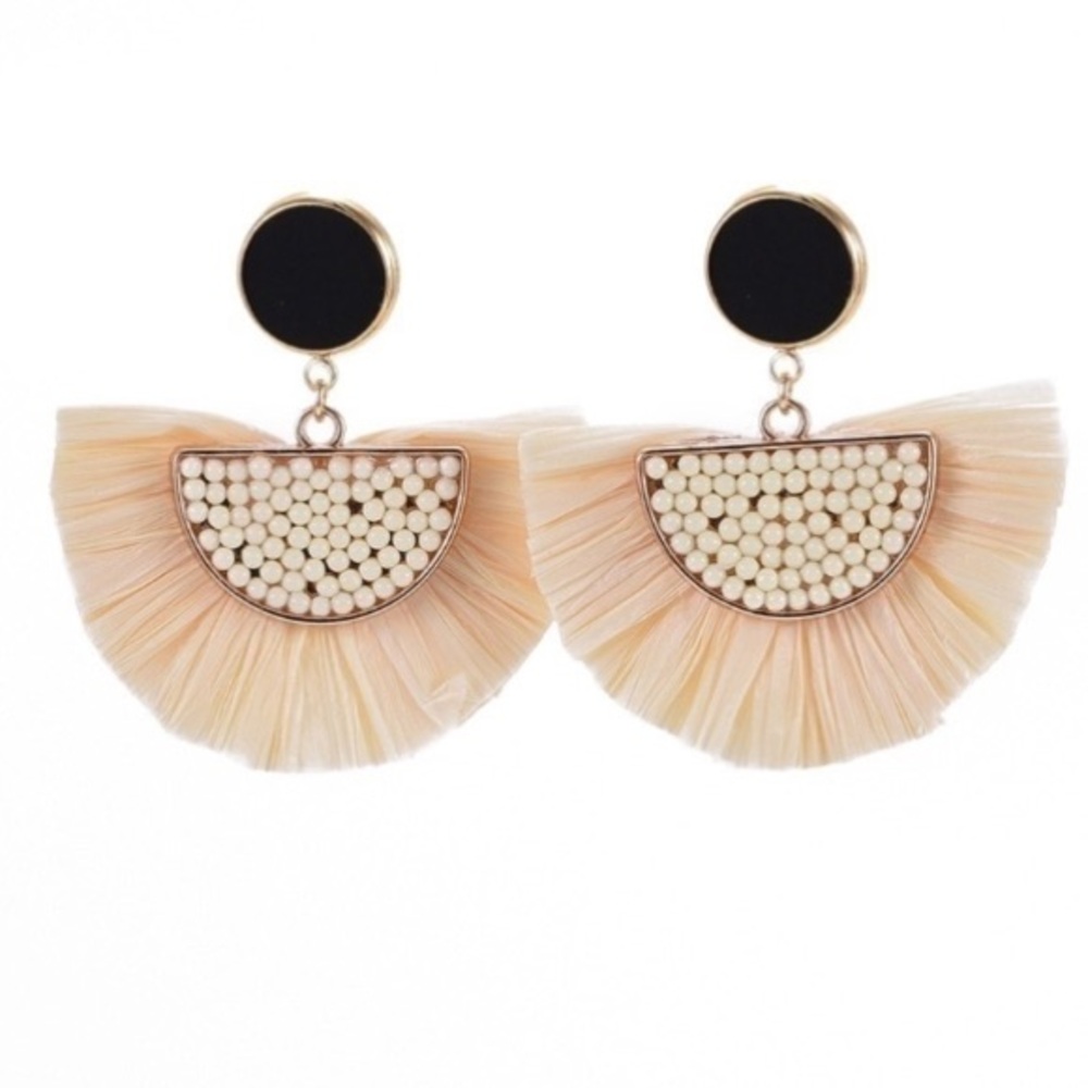 Raffia Tassel Dangle Earrings Studs,‎ with Brass NWT*